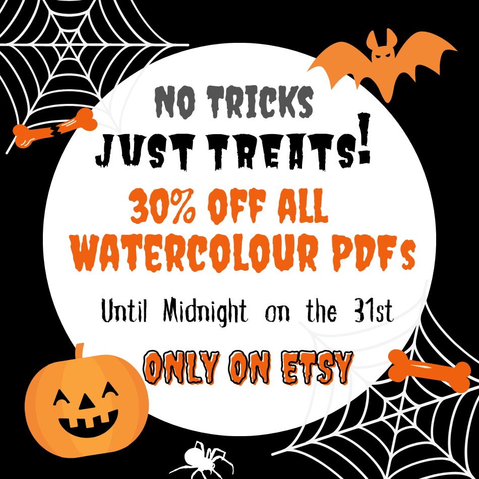 Sale poster offering 30% discount on all watercolour PDFs in my Halloween Sale