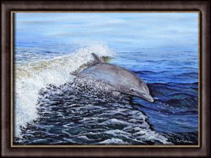 Watercolour dolphin painting shown framed