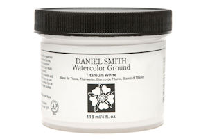 Photo showing a jar of Daniel Smith watercolor ground, this is a predominately white jar with white contents and a black lid