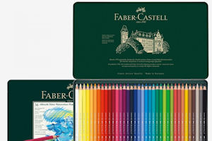 Set of 36 watercolour pencils by Faber Castell, shown on a tin, and sorted by colour